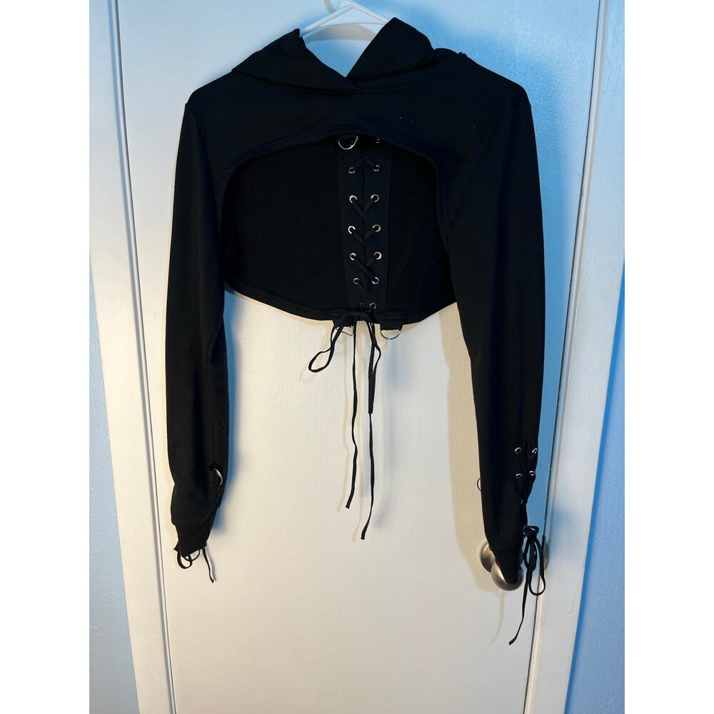 Goth Black Cropped Lace Up Hoodie XS-Small Punk Grunge Whimsigoth Skater Witchy